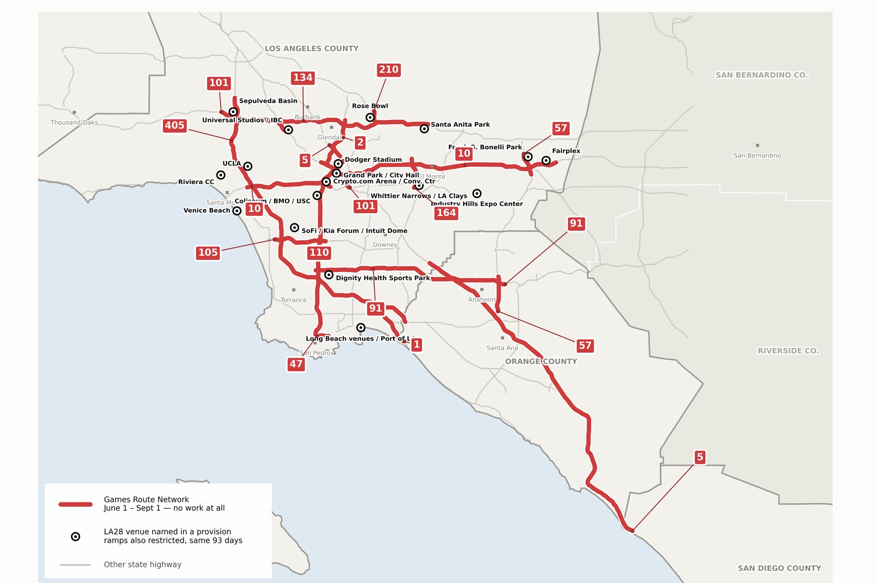 Map of the Games Route Network across Caltrans Districts 7, 11 and 12 — 19 segments through Los Angeles, Orange and San Diego counties, shut from June 1 to September 1, 2028.