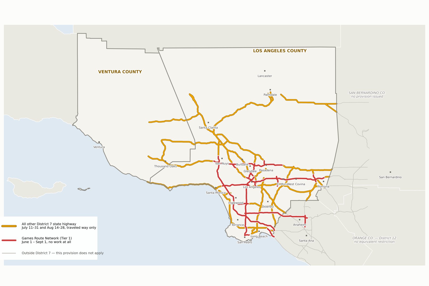 Map of every other state highway in Caltrans District 7 — Los Angeles and Ventura counties, shut in two windows across July and August 2028.